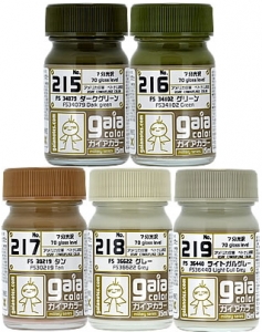 Gaianotes Color 215+216+217+218+219 Dark Green FS34079; Green FS34102; Tan FS30219; Grey FS36622 & Light Gull Grey FS36440 [USAF Vietnam War] (15ml) [70% Gloss] *(5 Bottles)